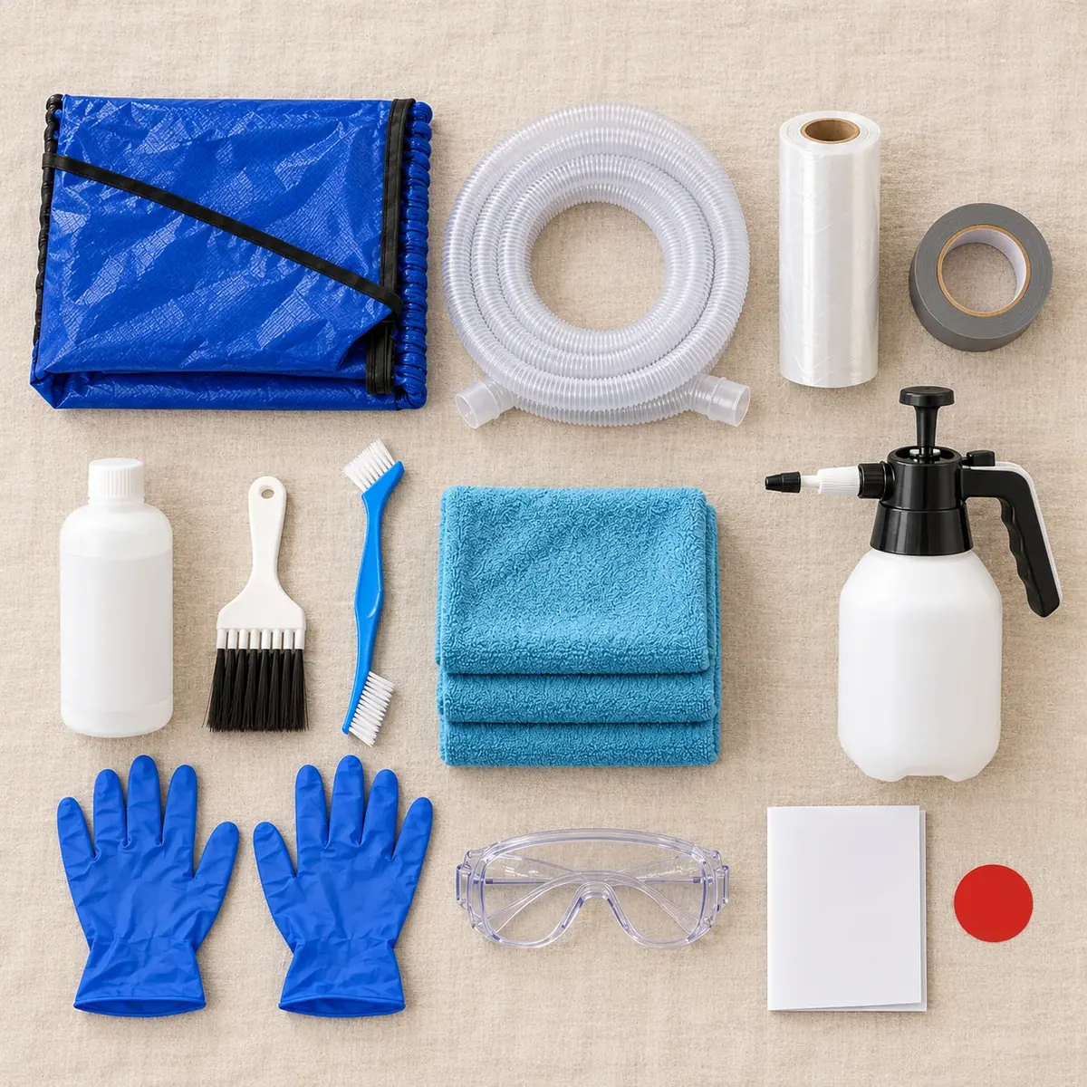 Illustrasjonsfoto av servicekittet lagt utover: blå vaskepose med slange, plastfilm, tape, rensemiddel, to børster, kluter, trykksprøyte, nitrilhansker, vernebriller, veiledning og klistremerke.