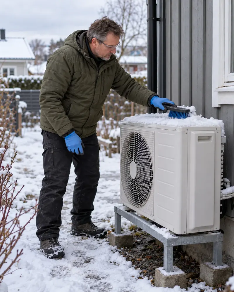 Illustrasjonsfoto: Mann med hansker børster snø av toppen på en utedel som står på et stativ ved husveggen. Dekslene er på.